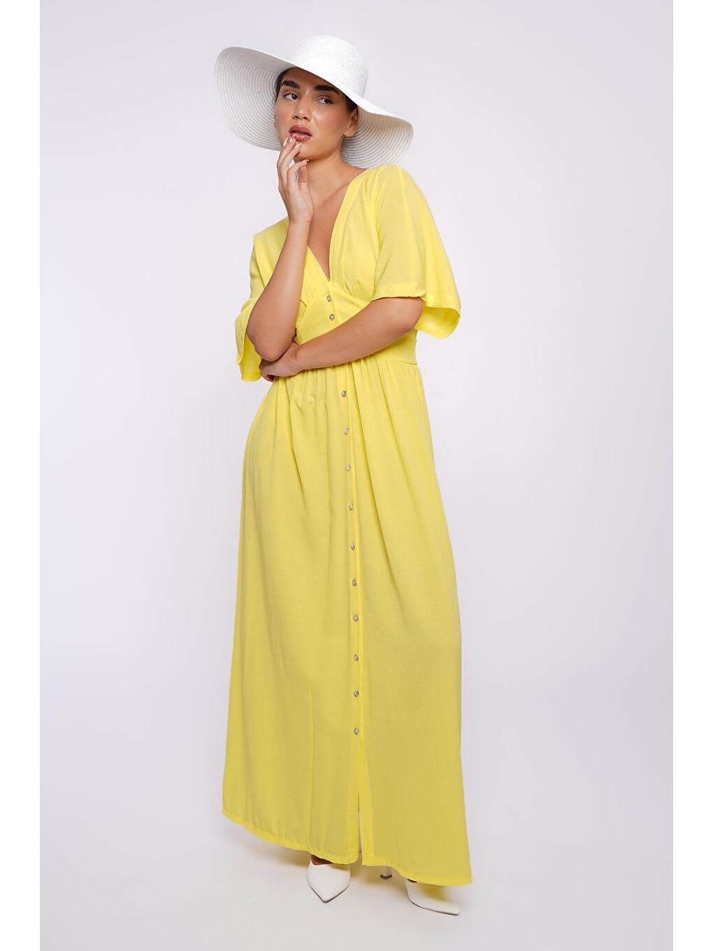 Sarı V Yaka Düğmeli Elbise Mg2339-9