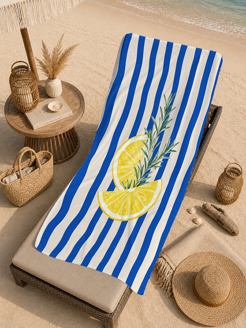 Milbay Grup Retro Mavi Çizgili Limon Desenli 70x150 Plaj Havlusudijital Solmaz Banyo Havlusu-3642