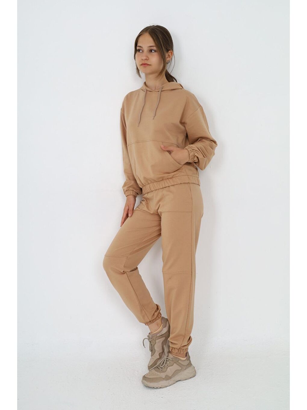 Bej Kız Çocuk Kapüşonlu 2 İplik Takım 9 14 Yaş wap 5047