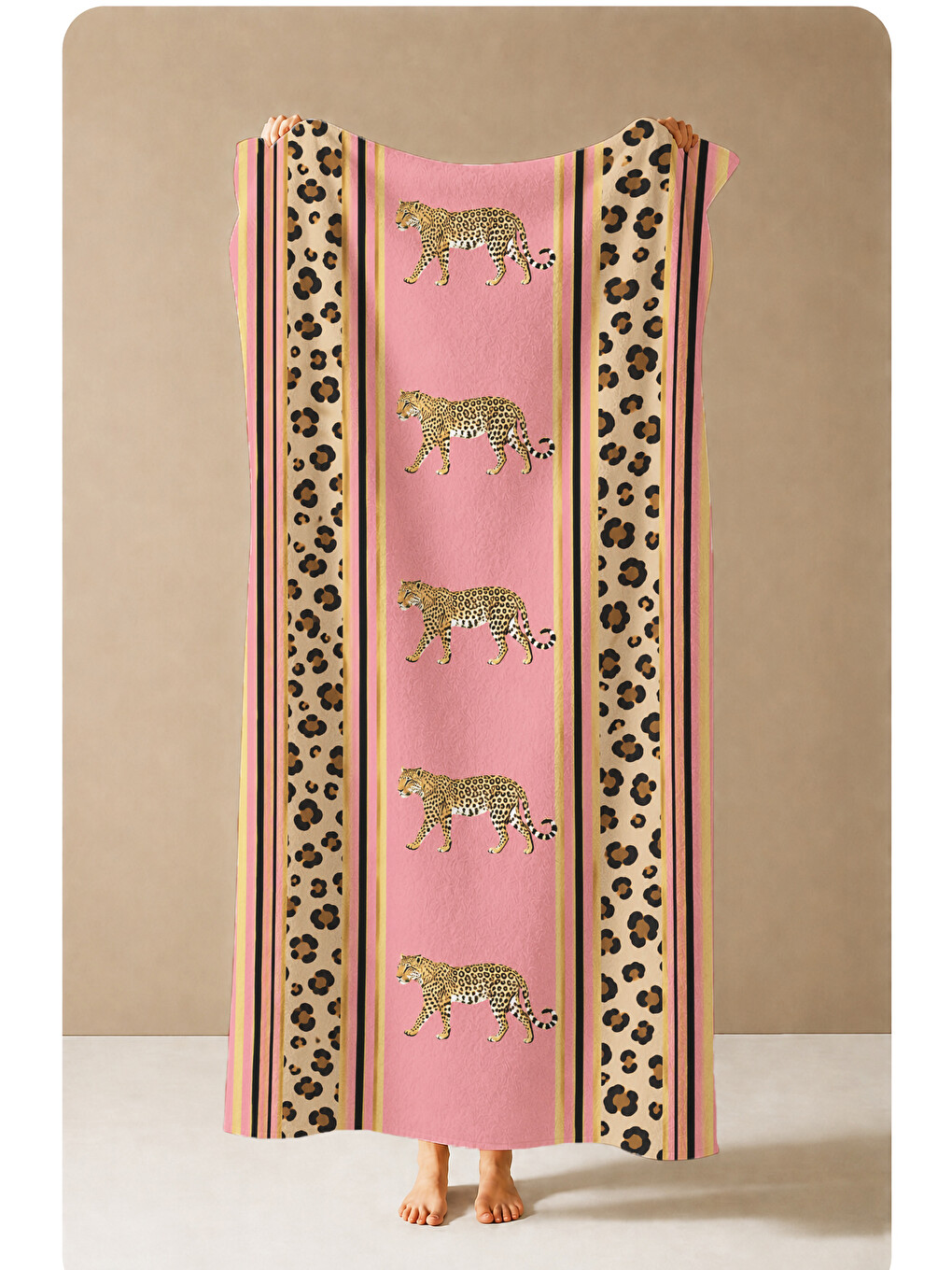 Safari Pembe Leopar Bordür Kaplan Desenli 70x150 Plaj Havlusu - Dijital Baskılı Banyo Havlusu