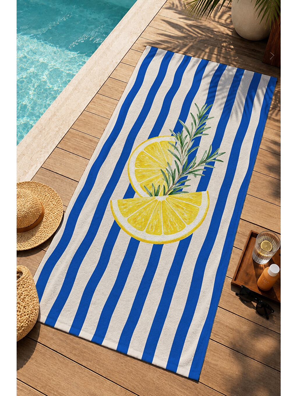 Milbay Grup Retro Mavi Çizgili Limon Desenli 70x150 Plaj Havlusudijital Solmaz Banyo Havlusu-3642-2