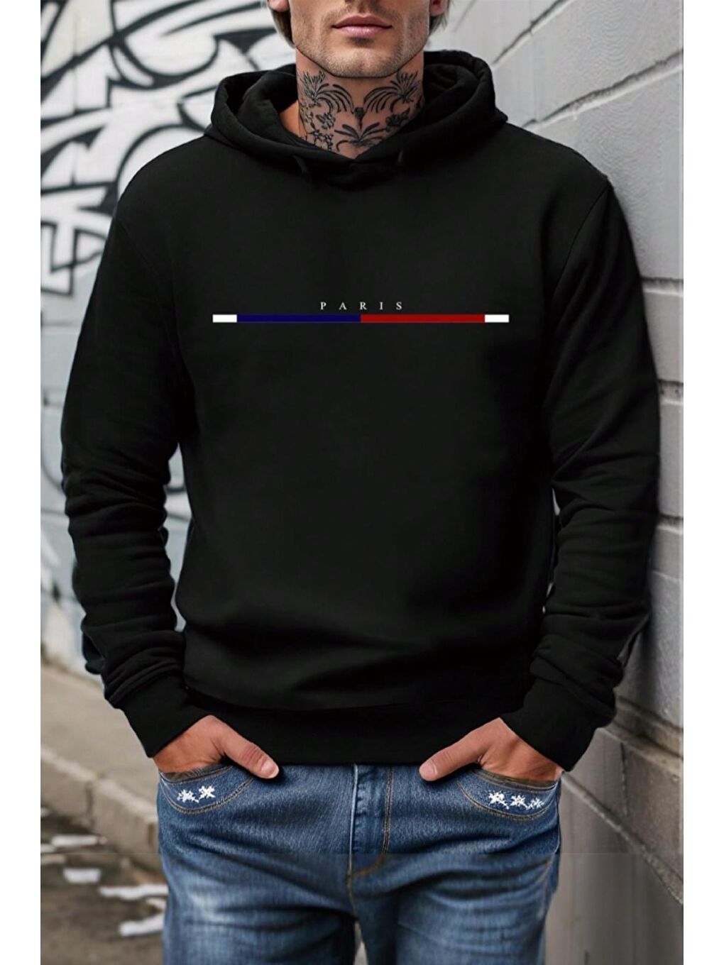 Oksit Siyah Paris Ön Baskılı Pamuklu Erkek Sweatshirt