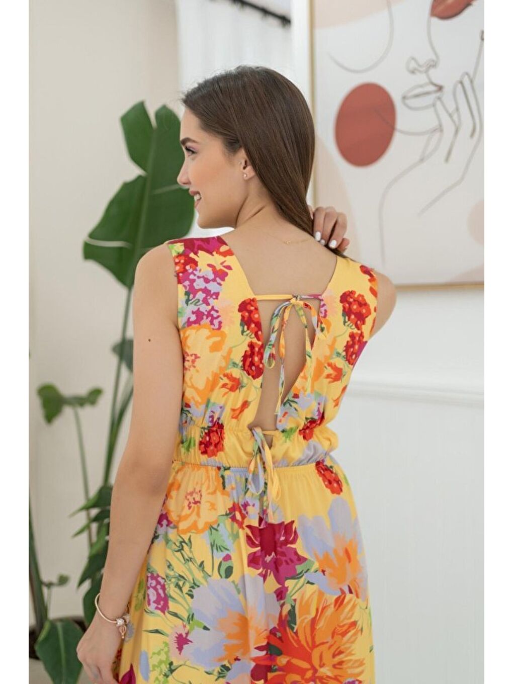 Sarı Çiçek Desenli Yazlık Elbise-3