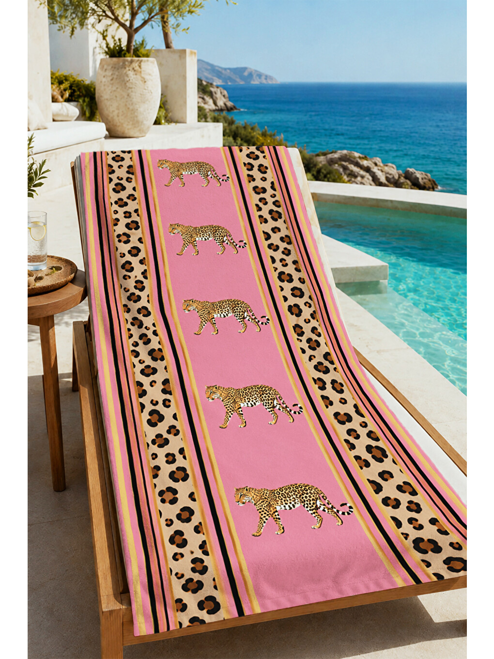 Safari Pembe Leopar Bordür Kaplan Desenli 70x150 Plaj Havlusu - Dijital Baskılı Banyo Havlusu-1