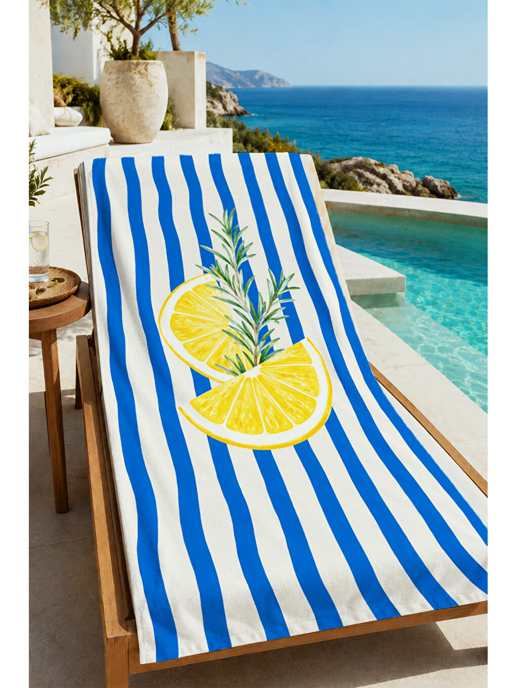 Milbay Grup Retro Mavi Çizgili Limon Desenli 70x150 Plaj Havlusudijital Solmaz Banyo Havlusu-3642-3