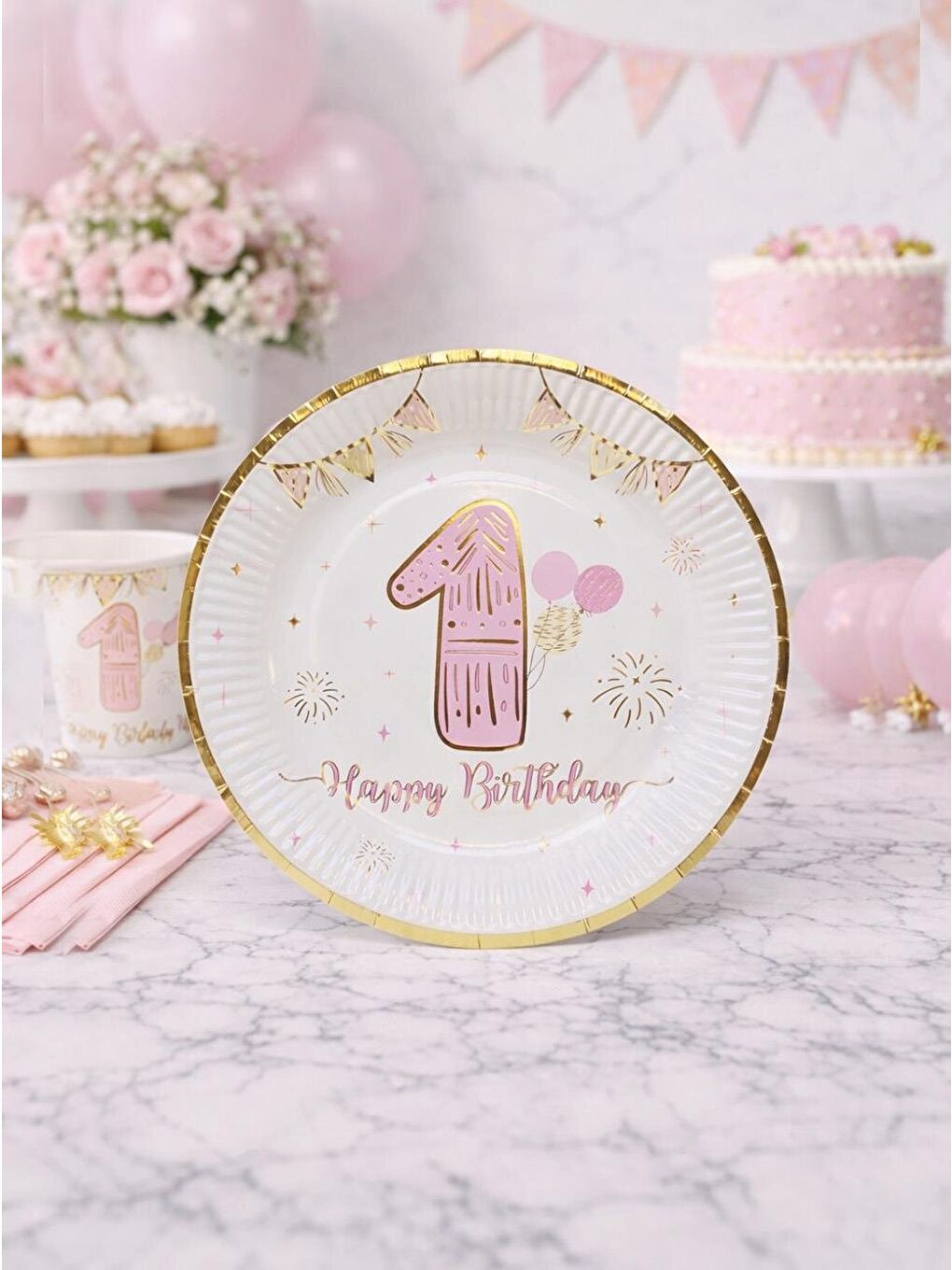1 Yaş Pembe Gold Doğum Günü Parti Tabağı – 6'lı