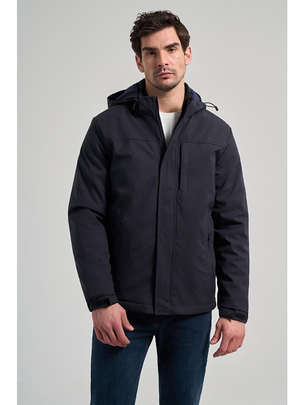 Koyu Lacivert Bez Ayağı Dik Yaka Düz Tam Astar Standart Fit Casual Kapüşonlu Mont 1007245164_200