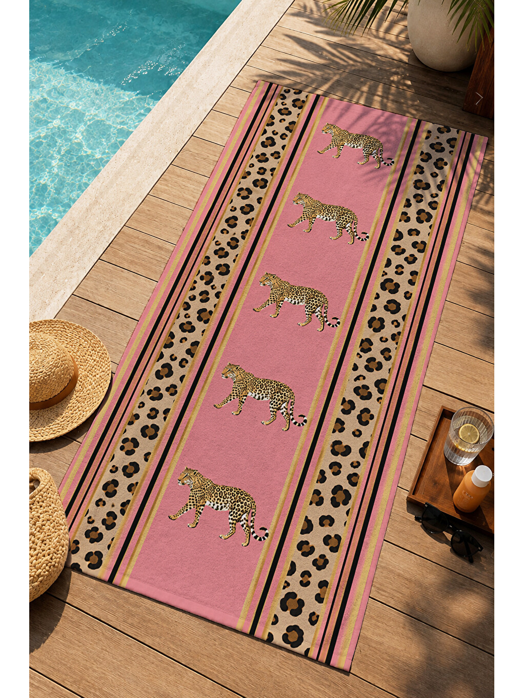 Safari Pembe Leopar Bordür Kaplan Desenli 70x150 Plaj Havlusu - Dijital Baskılı Banyo Havlusu-3