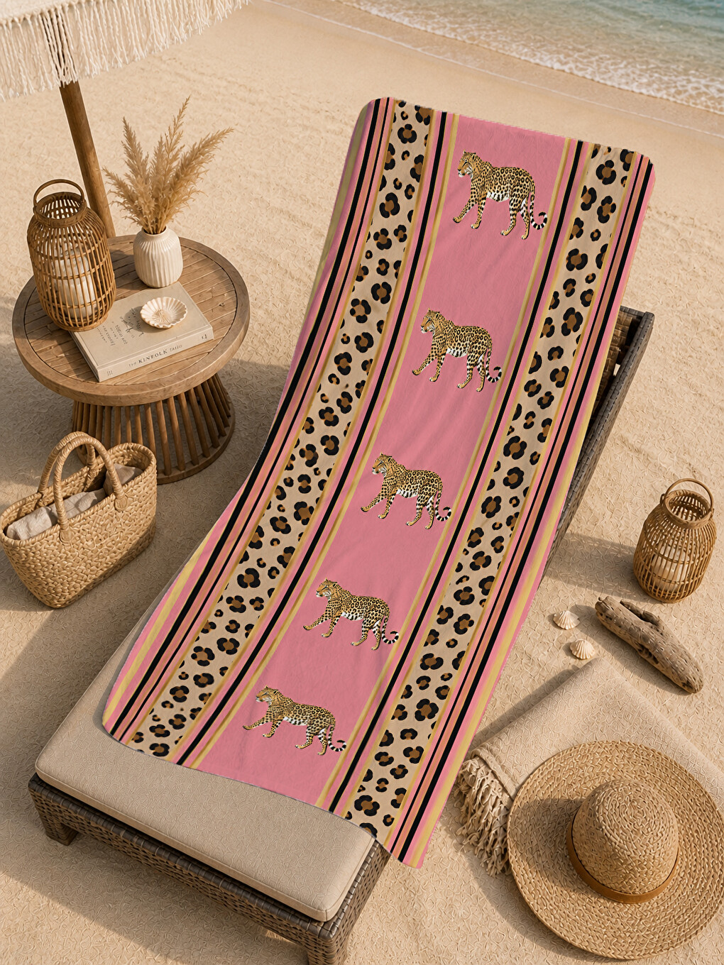 Safari Pembe Leopar Bordür Kaplan Desenli 70x150 Plaj Havlusu - Dijital Baskılı Banyo Havlusu-4