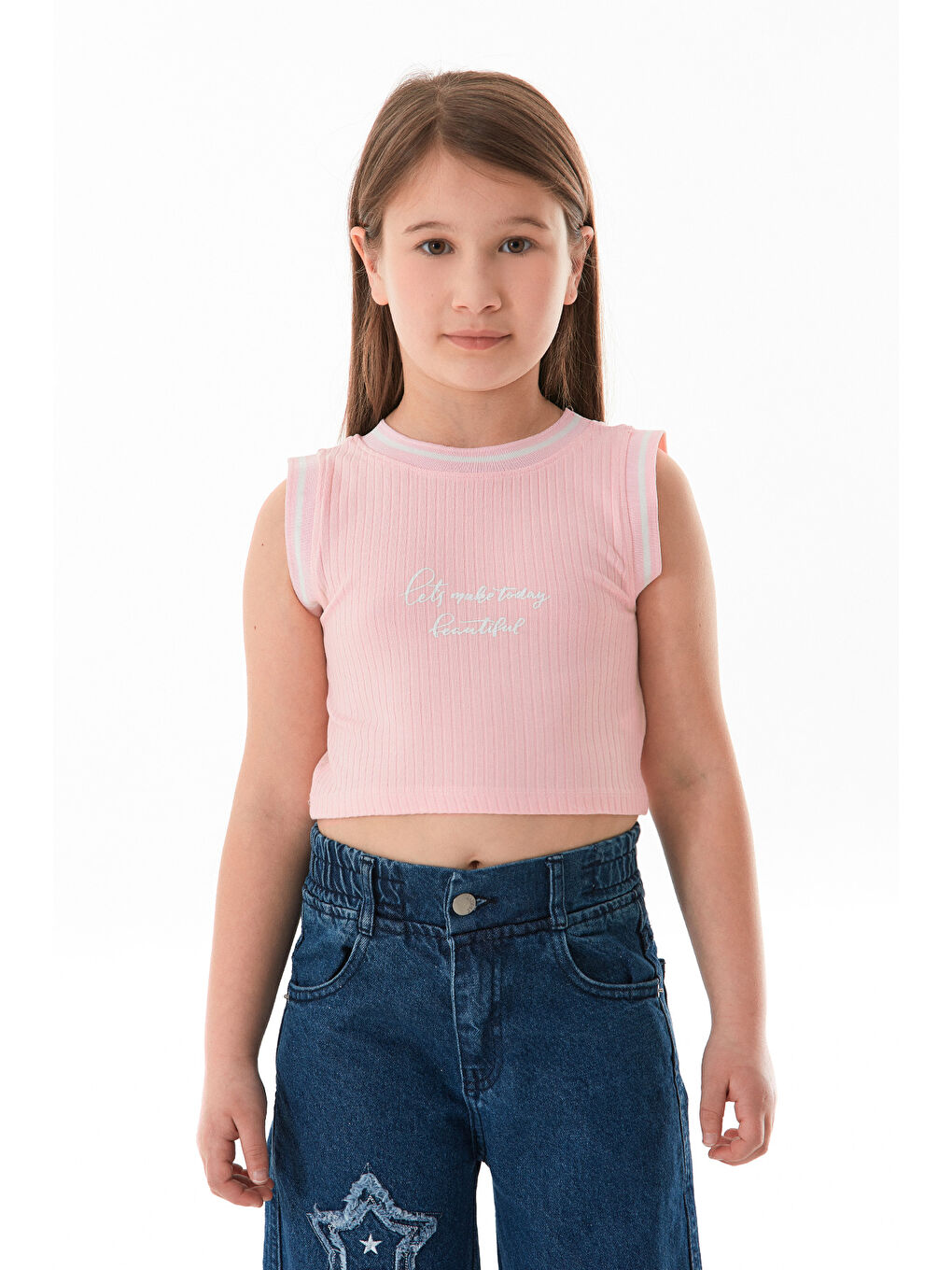 Pembe Fitilli Yazı Baskılı Halter Yaka Kız Çocuk Body