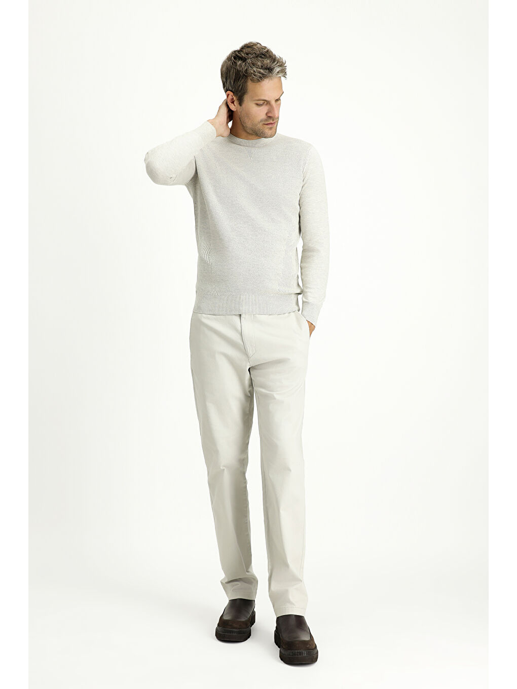 Gri Bisiklet Yaka Slim Fit Dar Kesim Desenli Pamuklu Triko Kazak-1