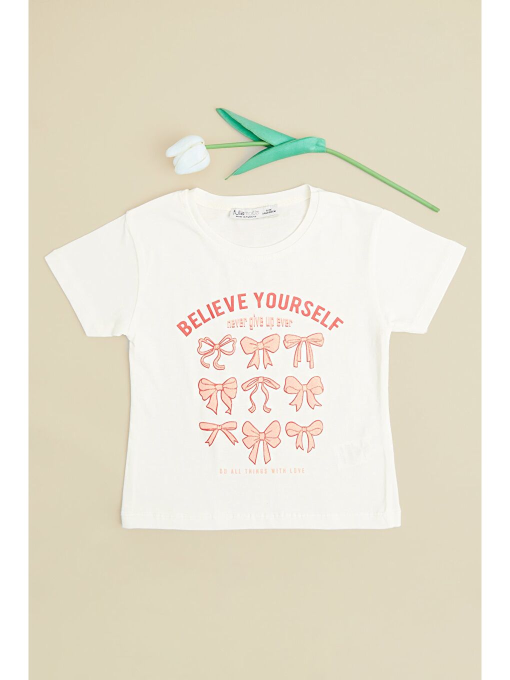 Ekru Fiyonk Baskılı Simli Kız Çocuk Tişört