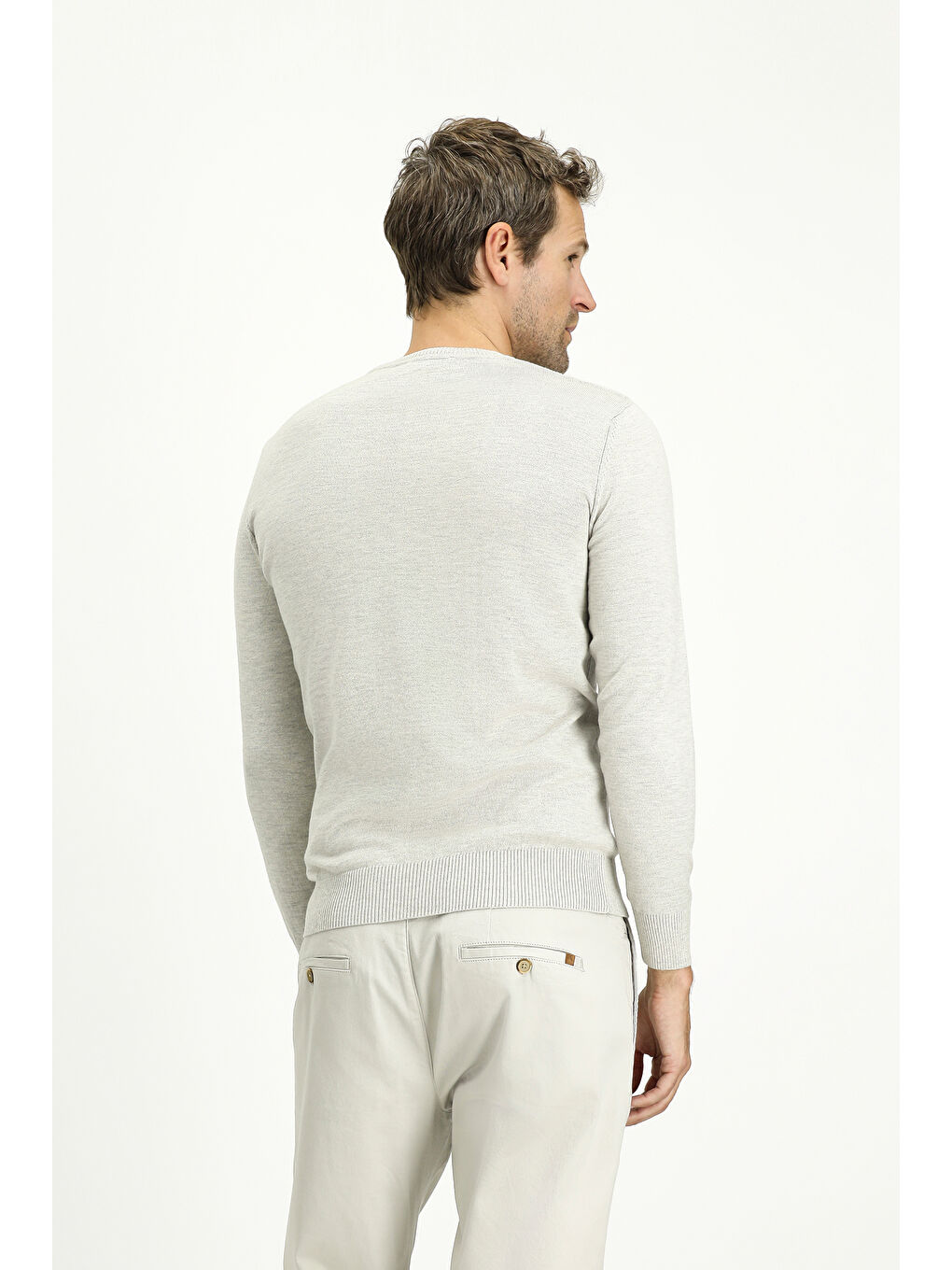 Gri Bisiklet Yaka Slim Fit Dar Kesim Desenli Pamuklu Triko Kazak-3