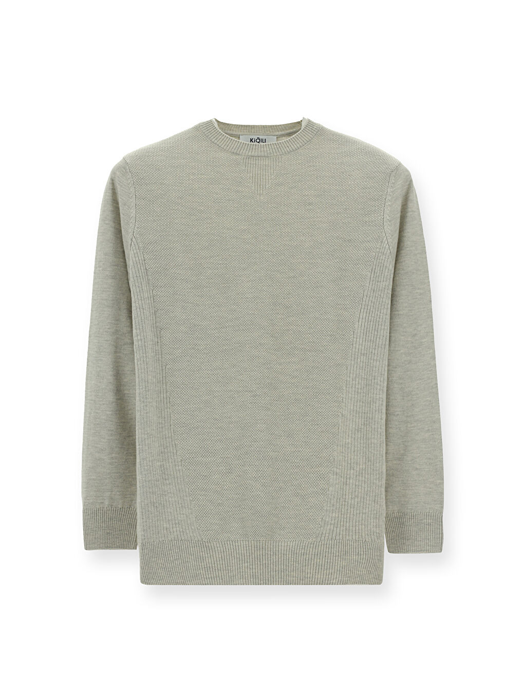 Gri Bisiklet Yaka Slim Fit Dar Kesim Desenli Pamuklu Triko Kazak-5