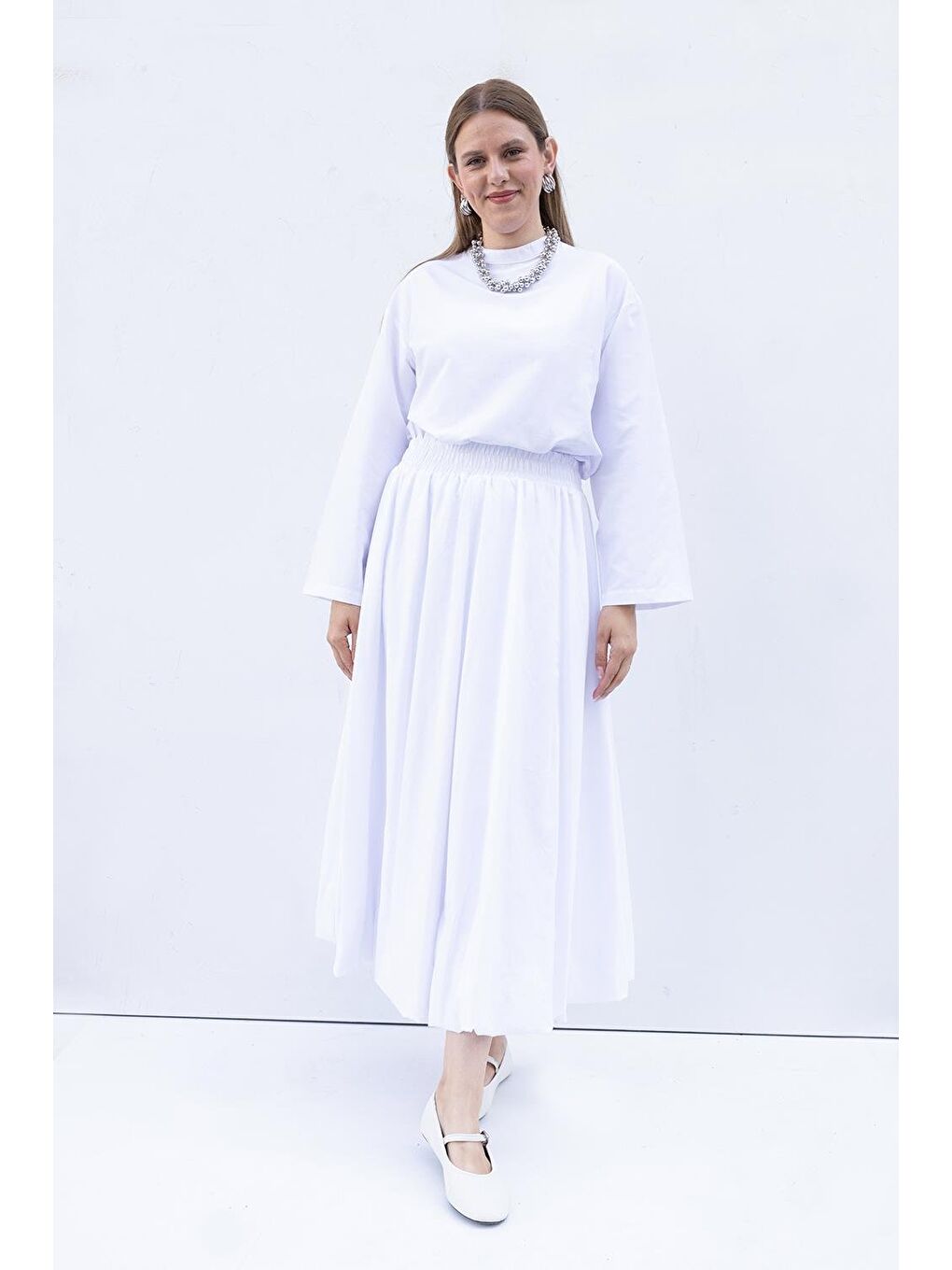 Beyaz-Beli Lastikli Balon Etek