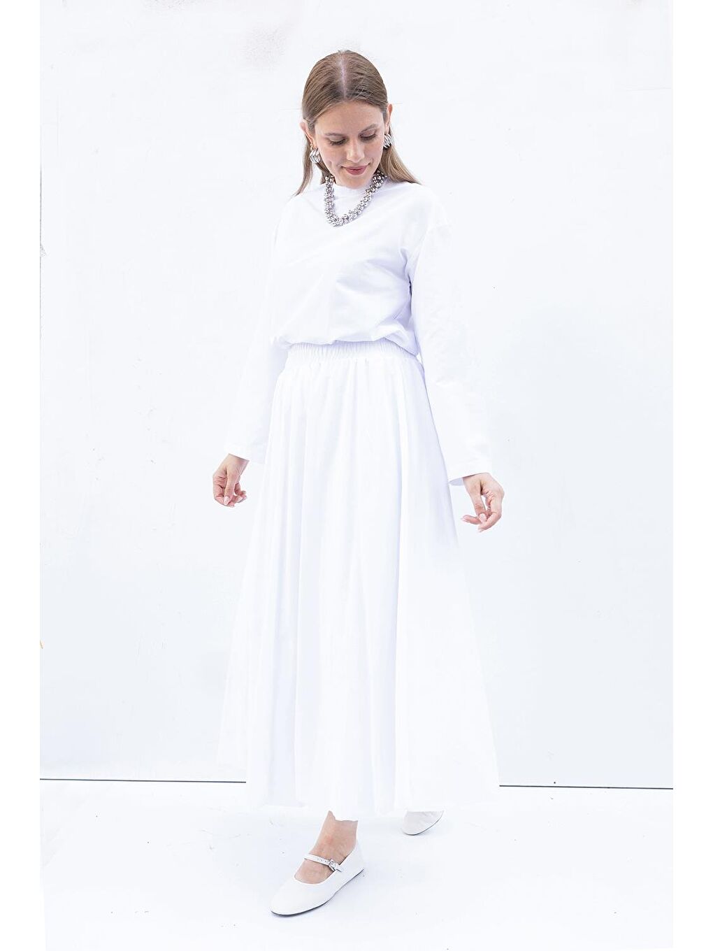 Beyaz-Beli Lastikli Balon Etek-1