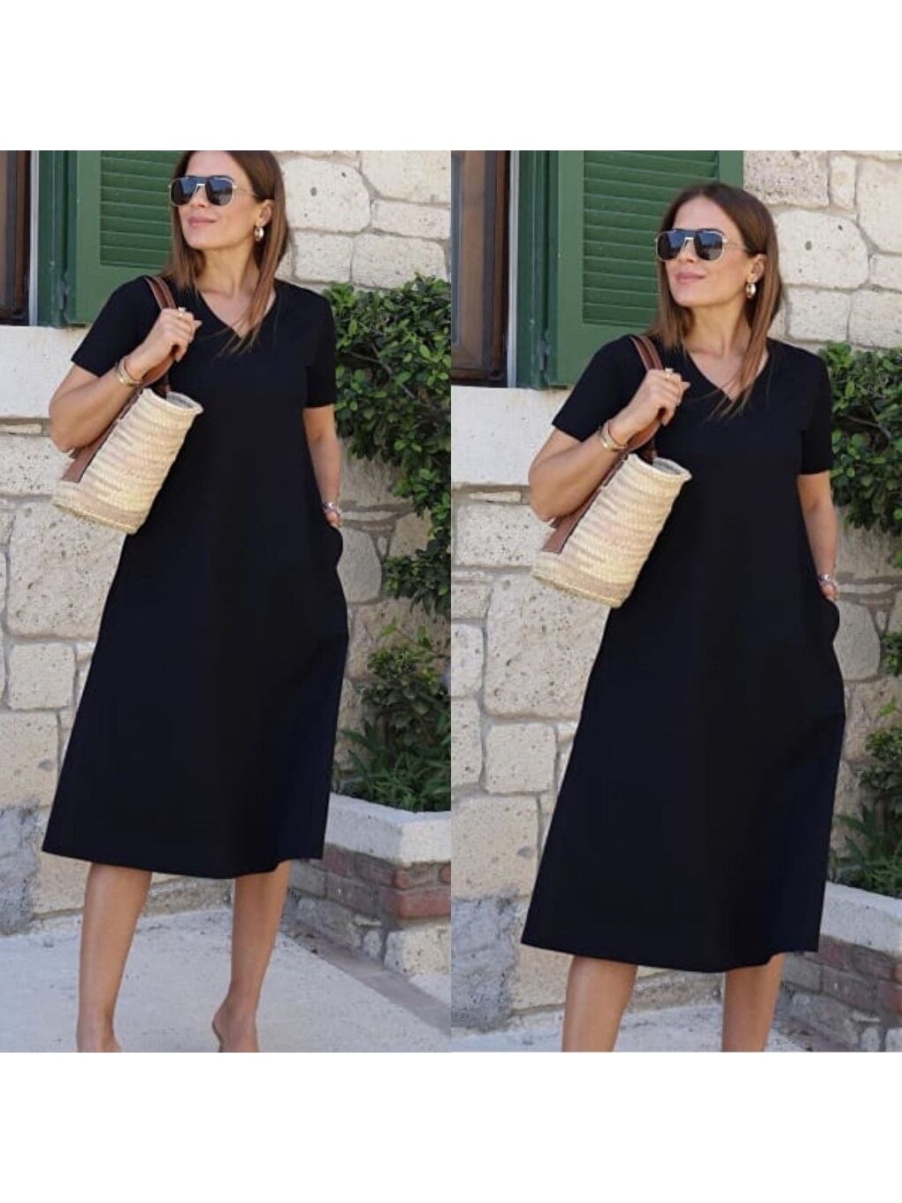 Siyah Kadın Kısa Kollu V Yaka Cepli A Kesim Detaylı Viskon Elbise-2