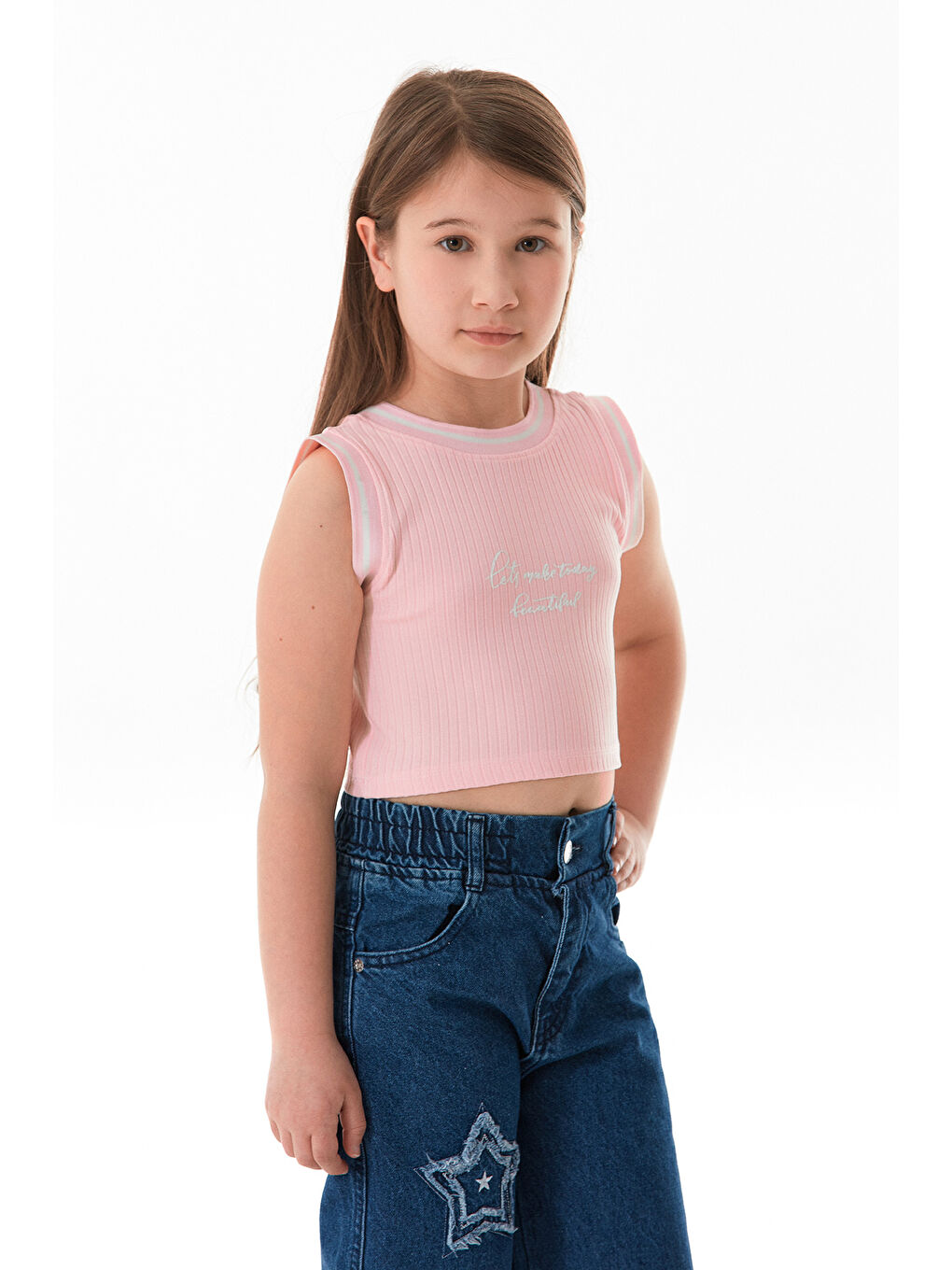 Pembe Fitilli Yazı Baskılı Halter Yaka Kız Çocuk Body-2