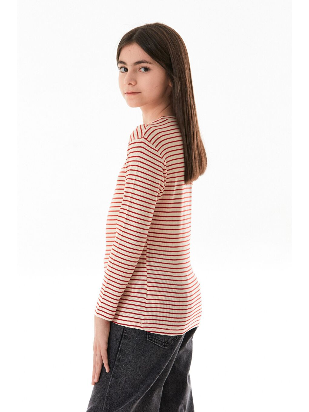 Kırmızı Omzu Pencere Detaylı Çizgili Kız Çocuk Body-2