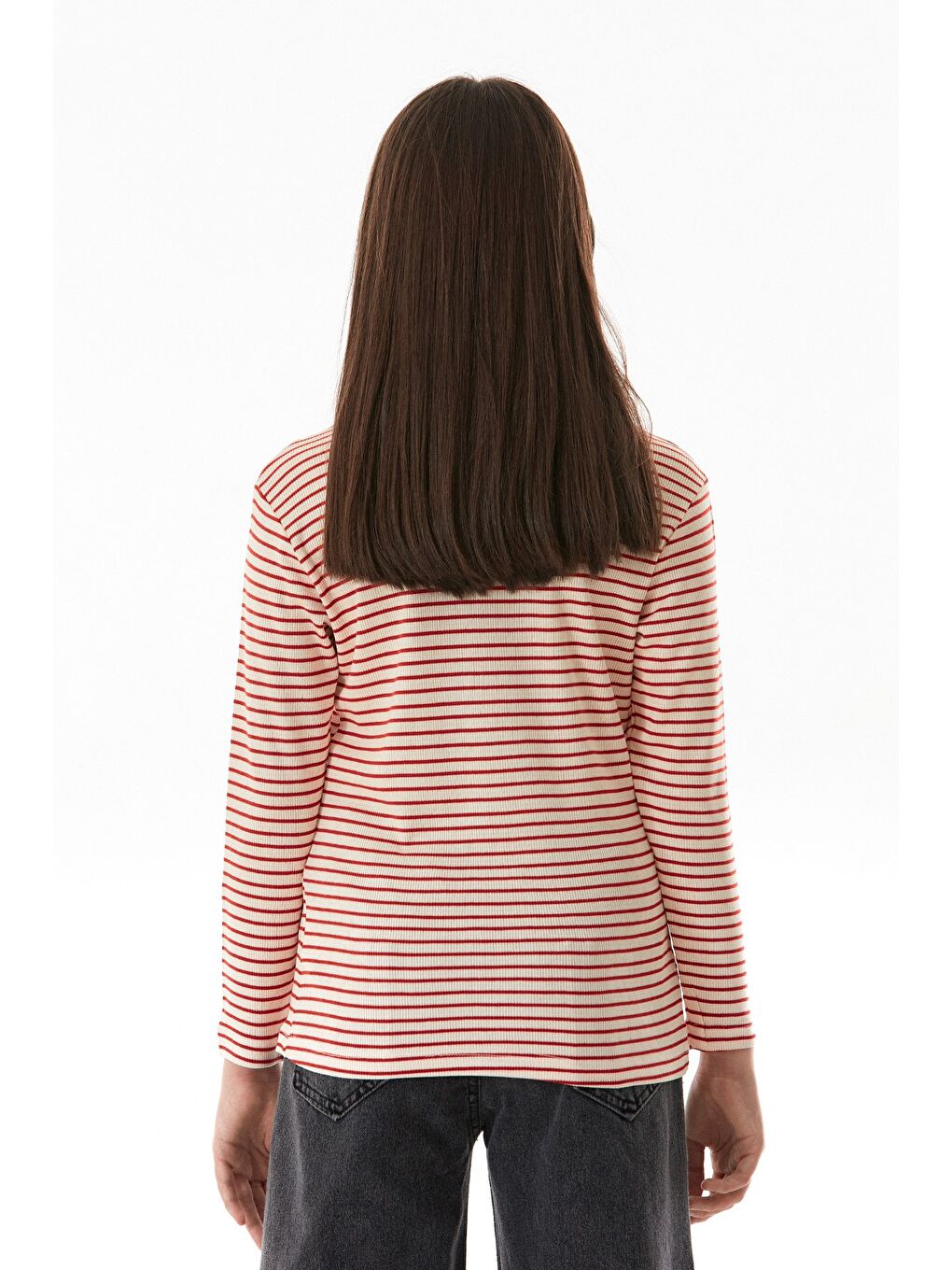 Kırmızı Omzu Pencere Detaylı Çizgili Kız Çocuk Body-3