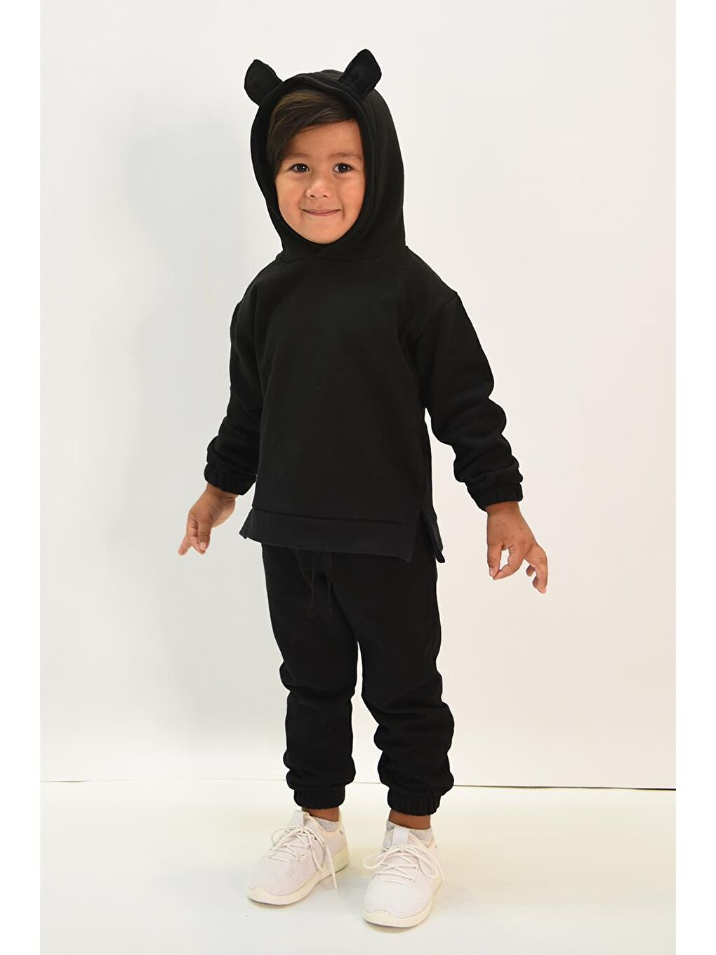 Siyah Çocuk Kulak Detaylı Kapüşonlu Alt Üst Takım