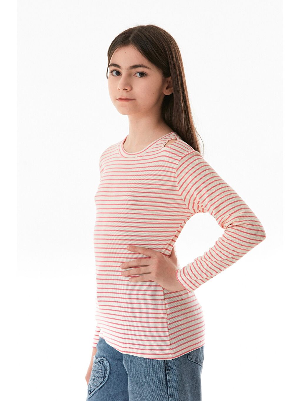 Pembe Omzu Pencere Detaylı Çizgili Kız Çocuk Body