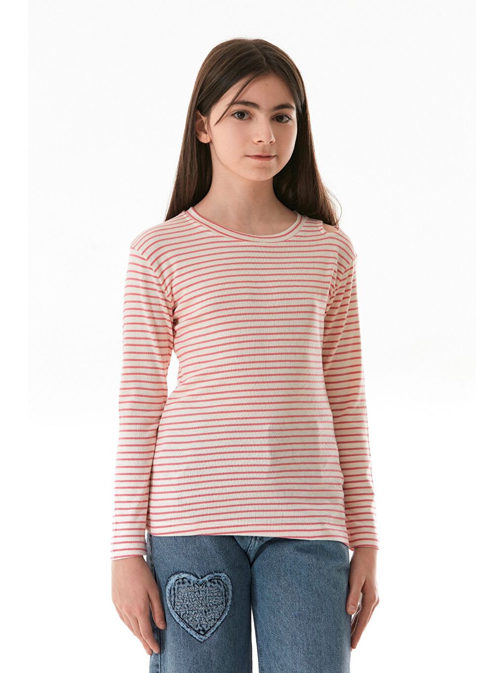 Pembe Omzu Pencere Detaylı Çizgili Kız Çocuk Body-1