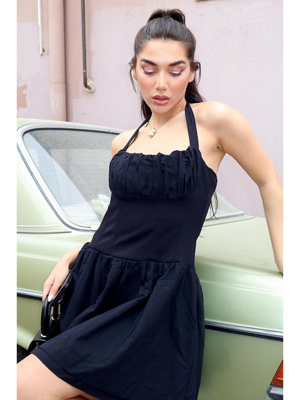 Siyah Boyundan Bağlamalı Mini Elbise Mg2353-2