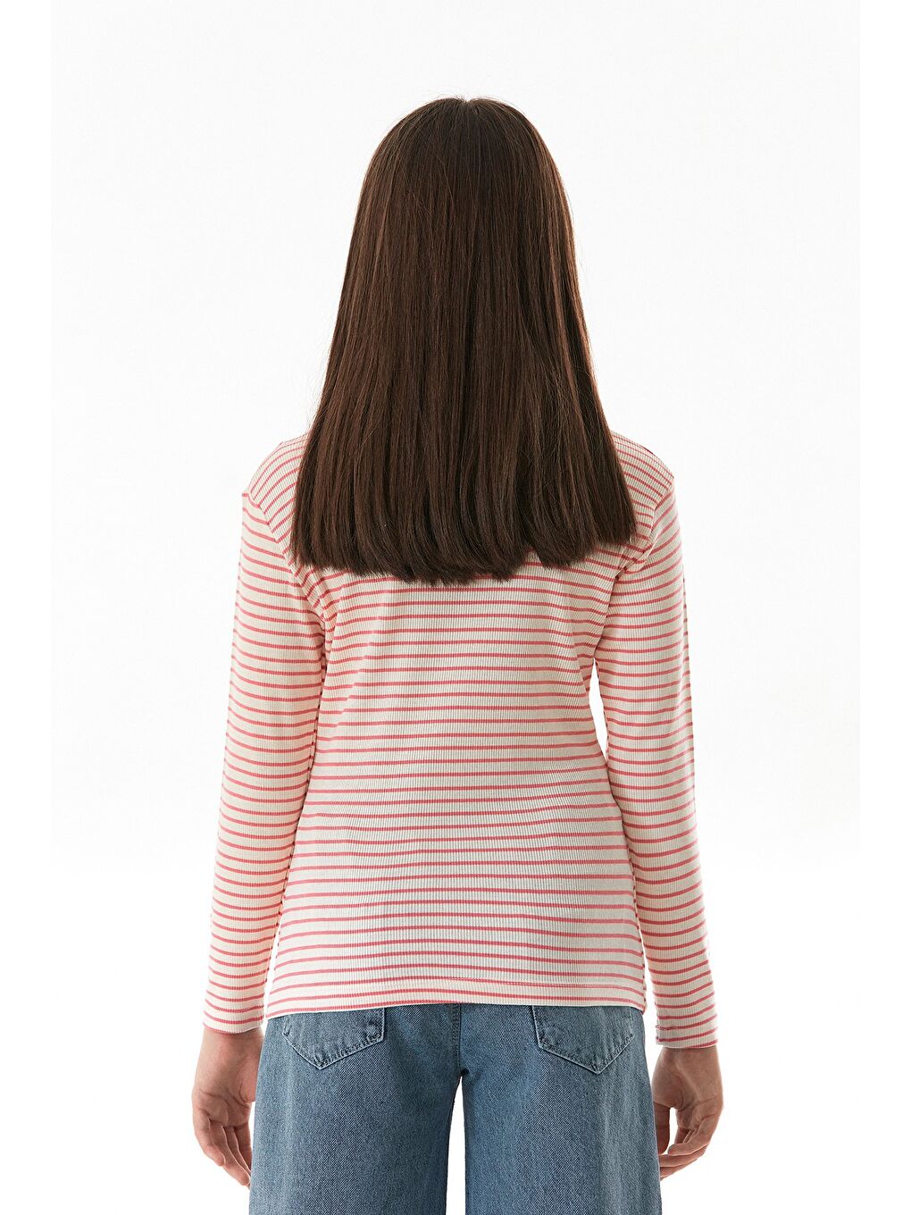 Pembe Omzu Pencere Detaylı Çizgili Kız Çocuk Body-4