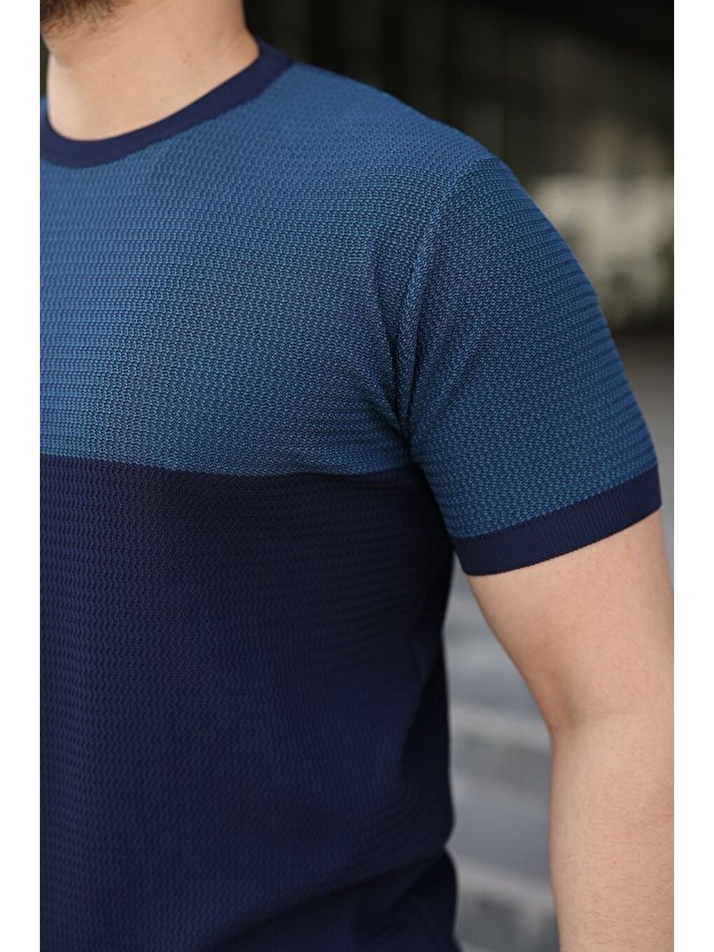 Lacivert Erkek Renk Bloklu Bisiklet Yaka Kısa Kollu Triko Tişört-2