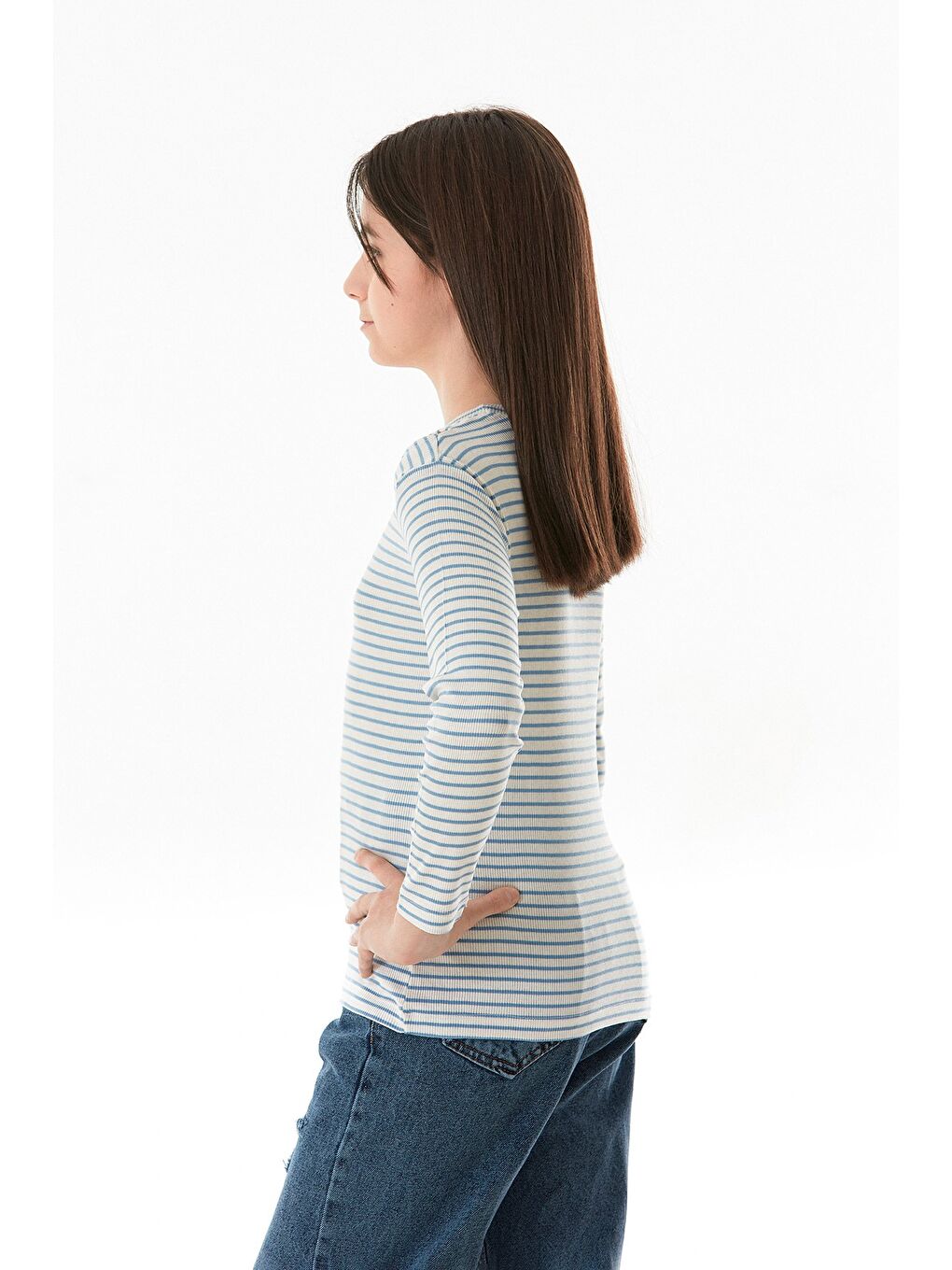 Mavi Omzu Pencere Detaylı Çizgili Kız Çocuk Body-2