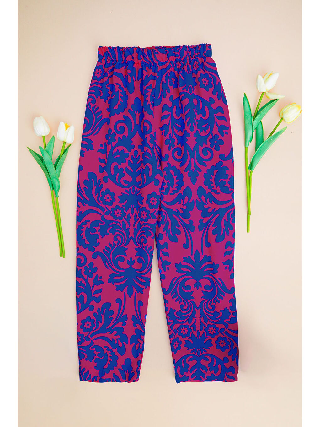 Fuşya Desenli Beli Lastikli Kız Çocuk Pantolon