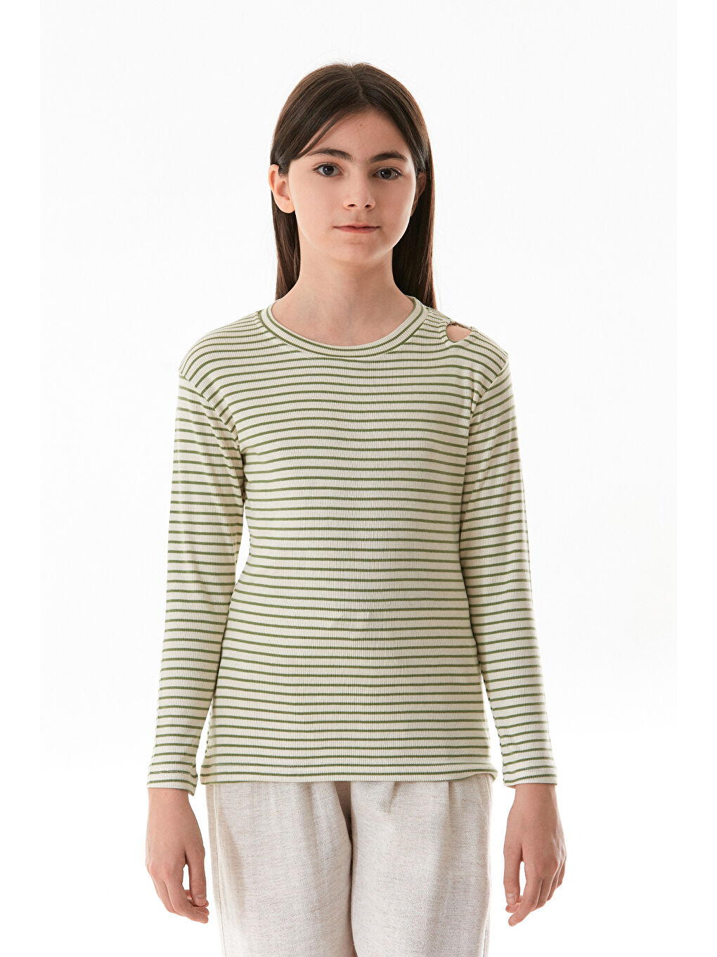 Yeşil Omzu Pencere Detaylı Çizgili Kız Çocuk Body