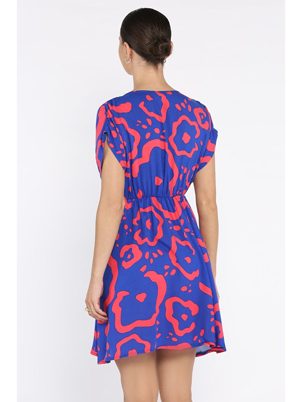 Mavi Desenli Kruvaze Yaka Bel Lastikli Kadın Mini Elbise-2