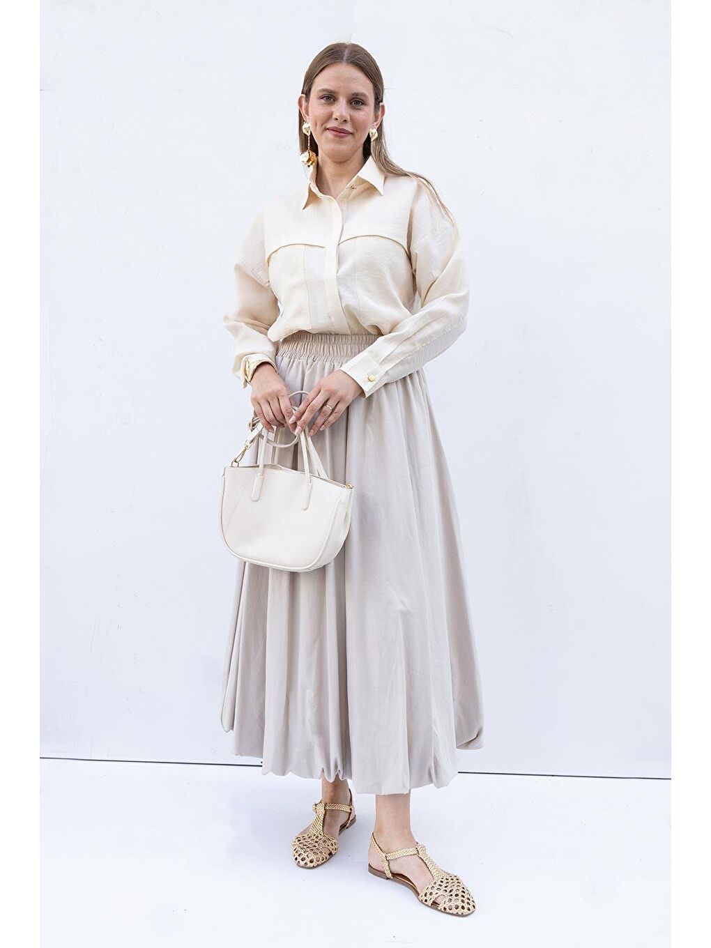 Bej Taş-Beli Lastikli Balon Etek-1