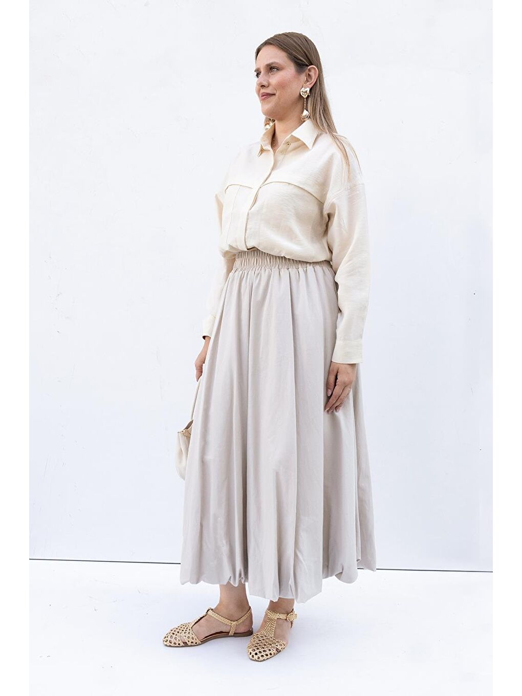 Bej Taş-Beli Lastikli Balon Etek-2