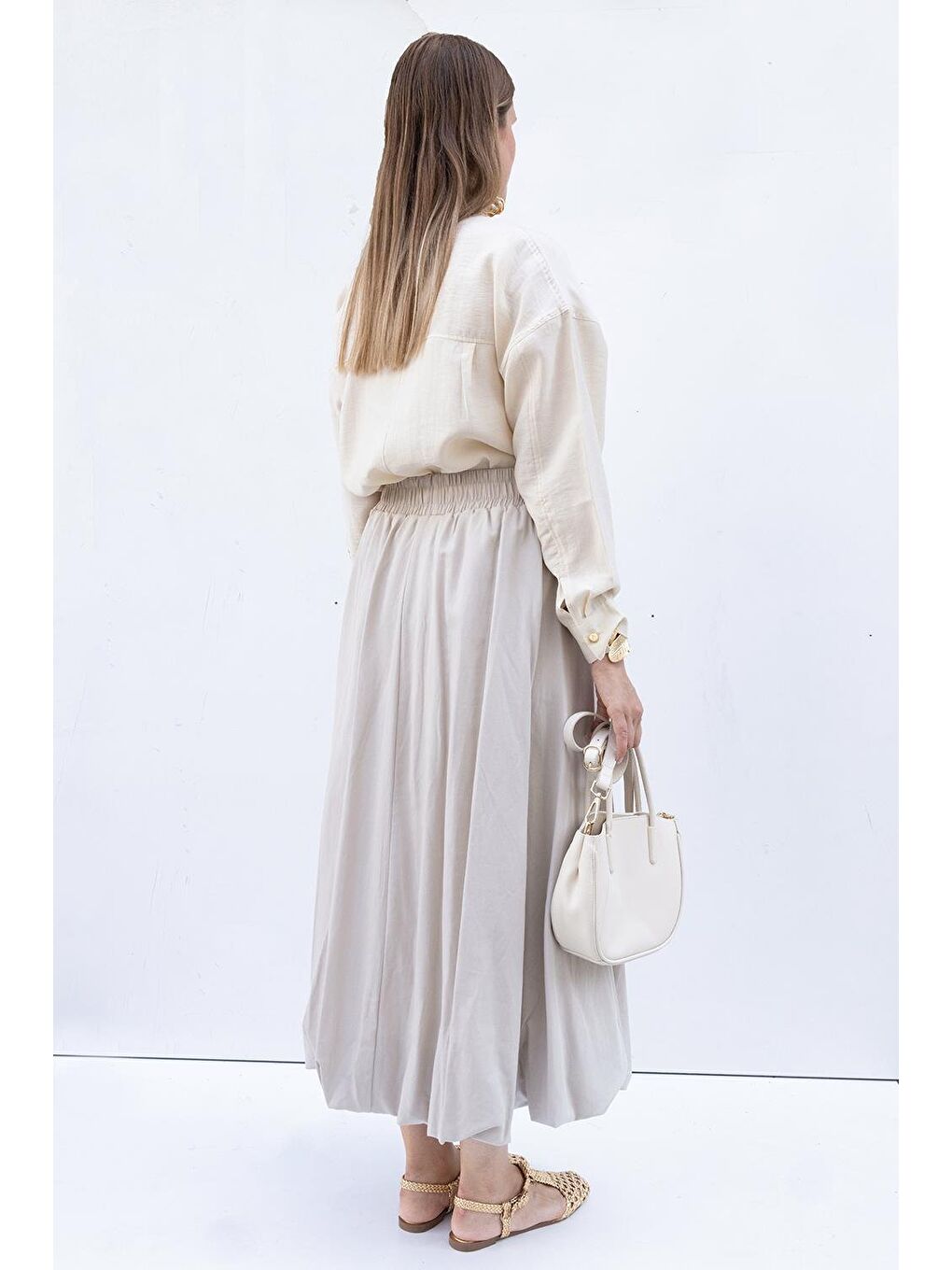 Bej Taş-Beli Lastikli Balon Etek-3