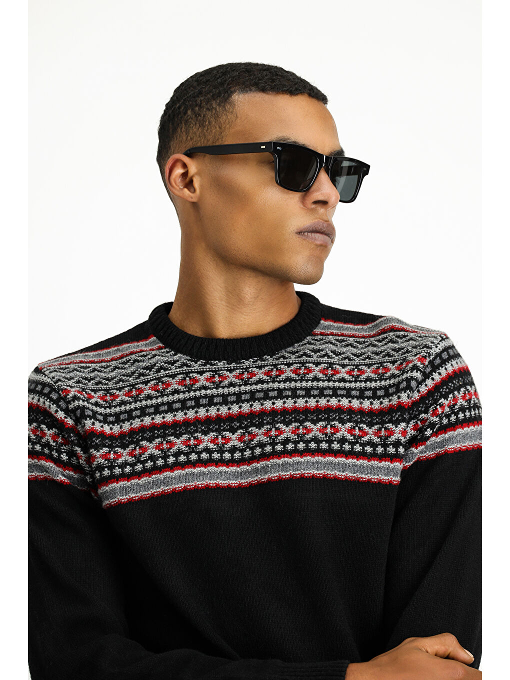 Siyah Bisiklet Yaka Slim Fit Dar Kesim Yünlü Desenli Triko Kazak-2