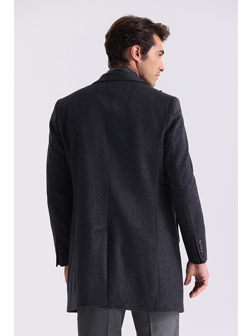 Siyah Comfort Fit Sivri Yaka Balık Sırtı Desenli Yünlü Kaşe Kaban-3