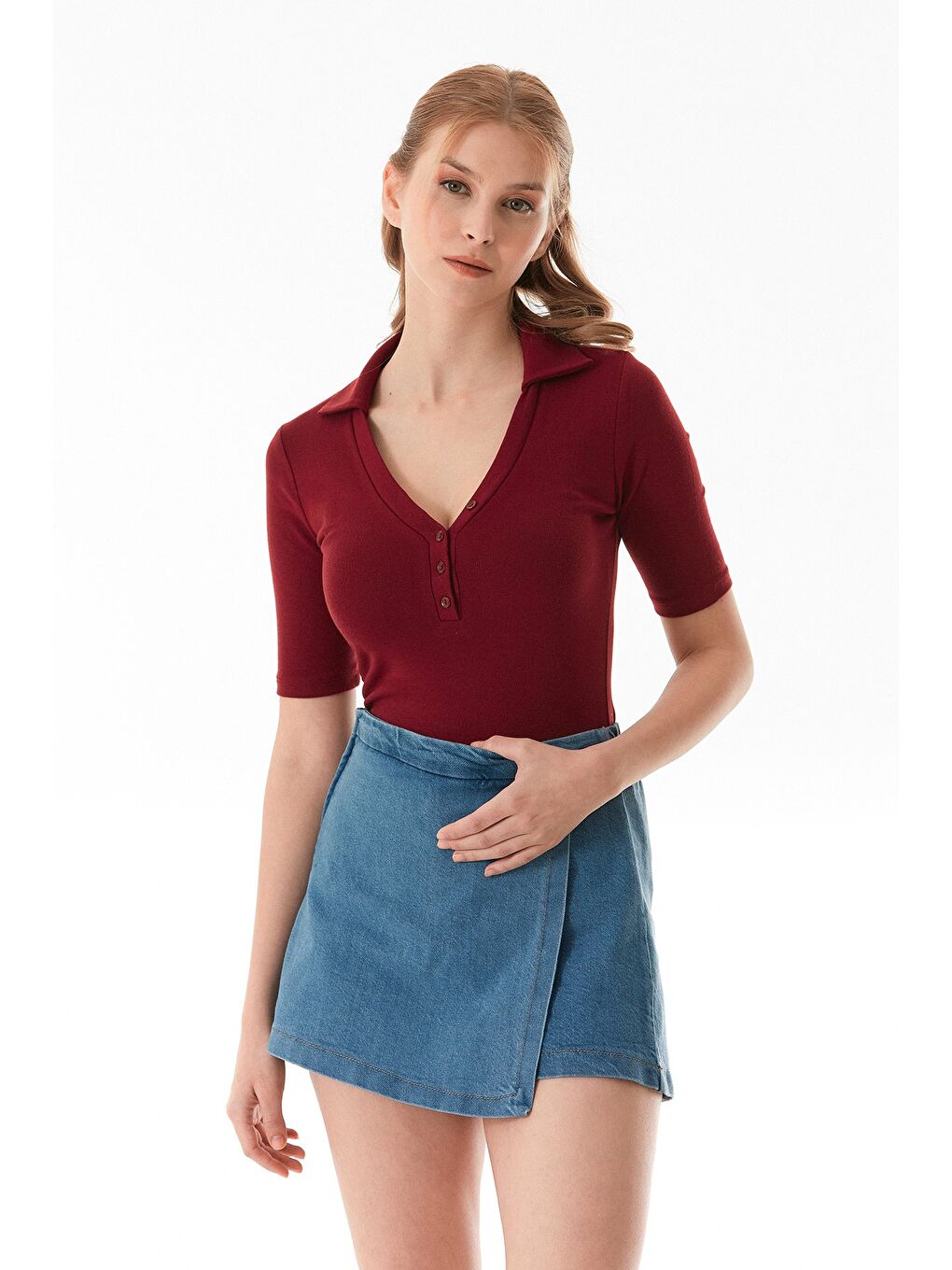 Bordo Basic Polo Yaka Çıtçıtlı Elastanlı Modal Body-4