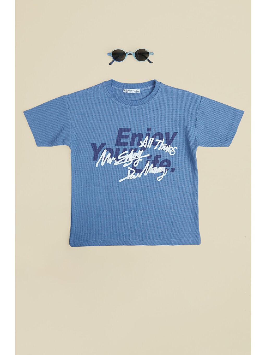 İndigo Yazı Baskılı Petek Kumaş Erkek Çocuk Tişört