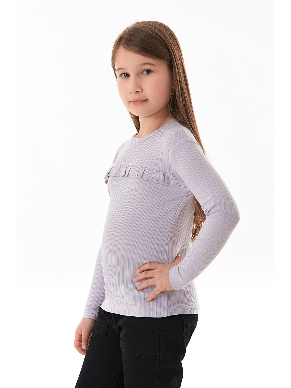 Lila Fitilli Elastanlı Önü Fırfırlı Kız Çocuk Body-1
