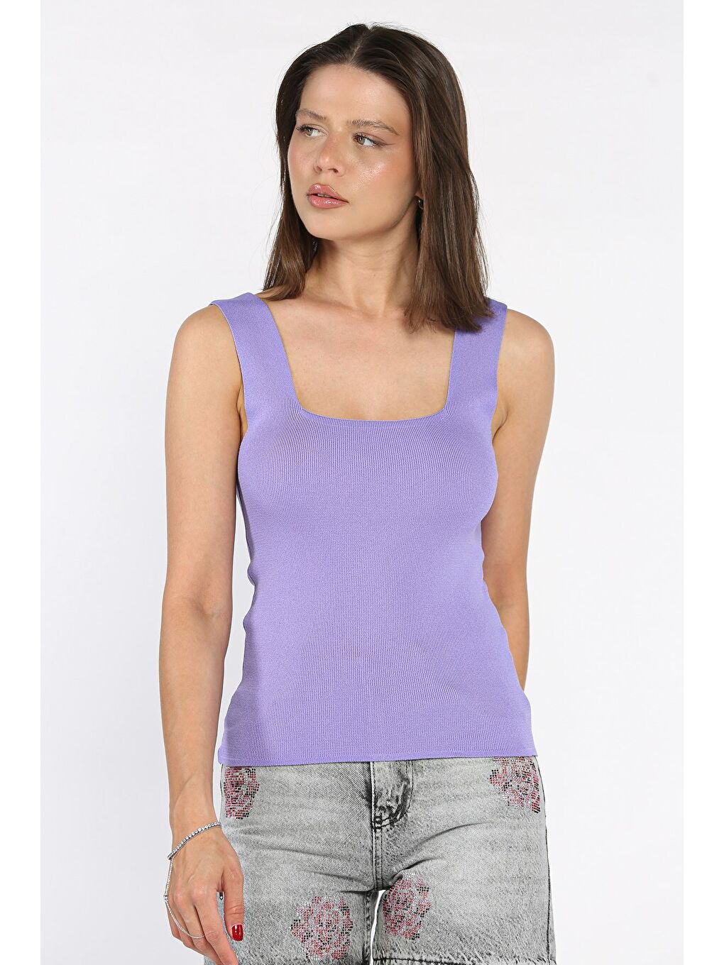 Lila Kare Yaka Askılı Elastanlı Kadın Triko Bluz-1