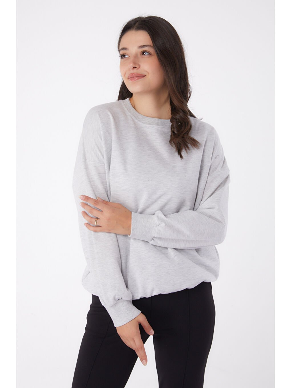 TOFİSA Gri Düz Bisiklet Yaka Kadın Gri Manşetli Sweatshirt - 26046 - 2