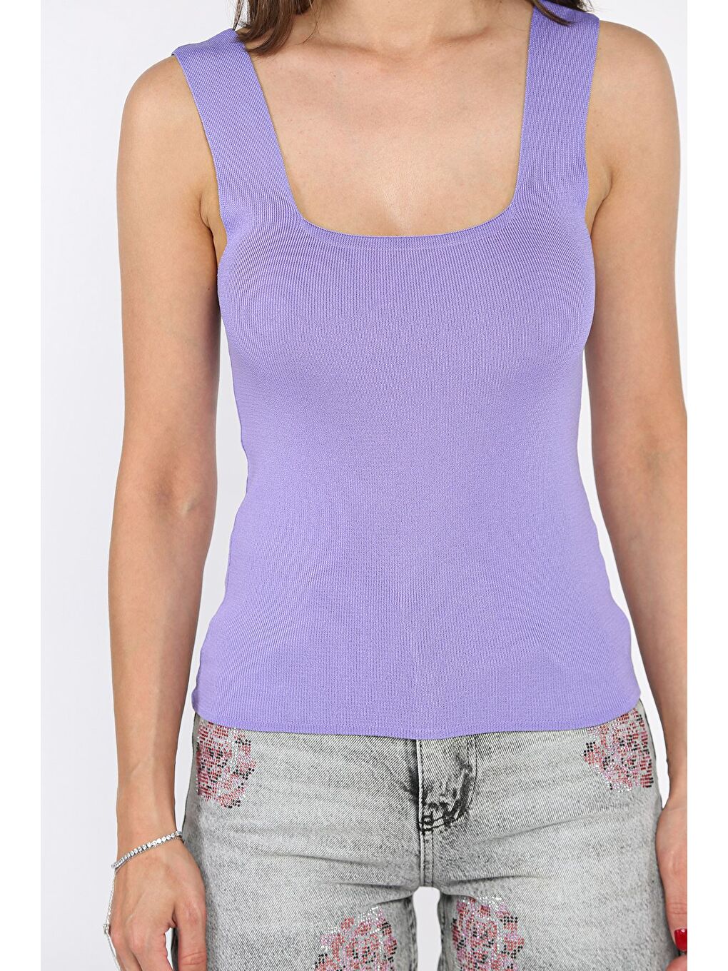 Lila Kare Yaka Askılı Elastanlı Kadın Triko Bluz-3