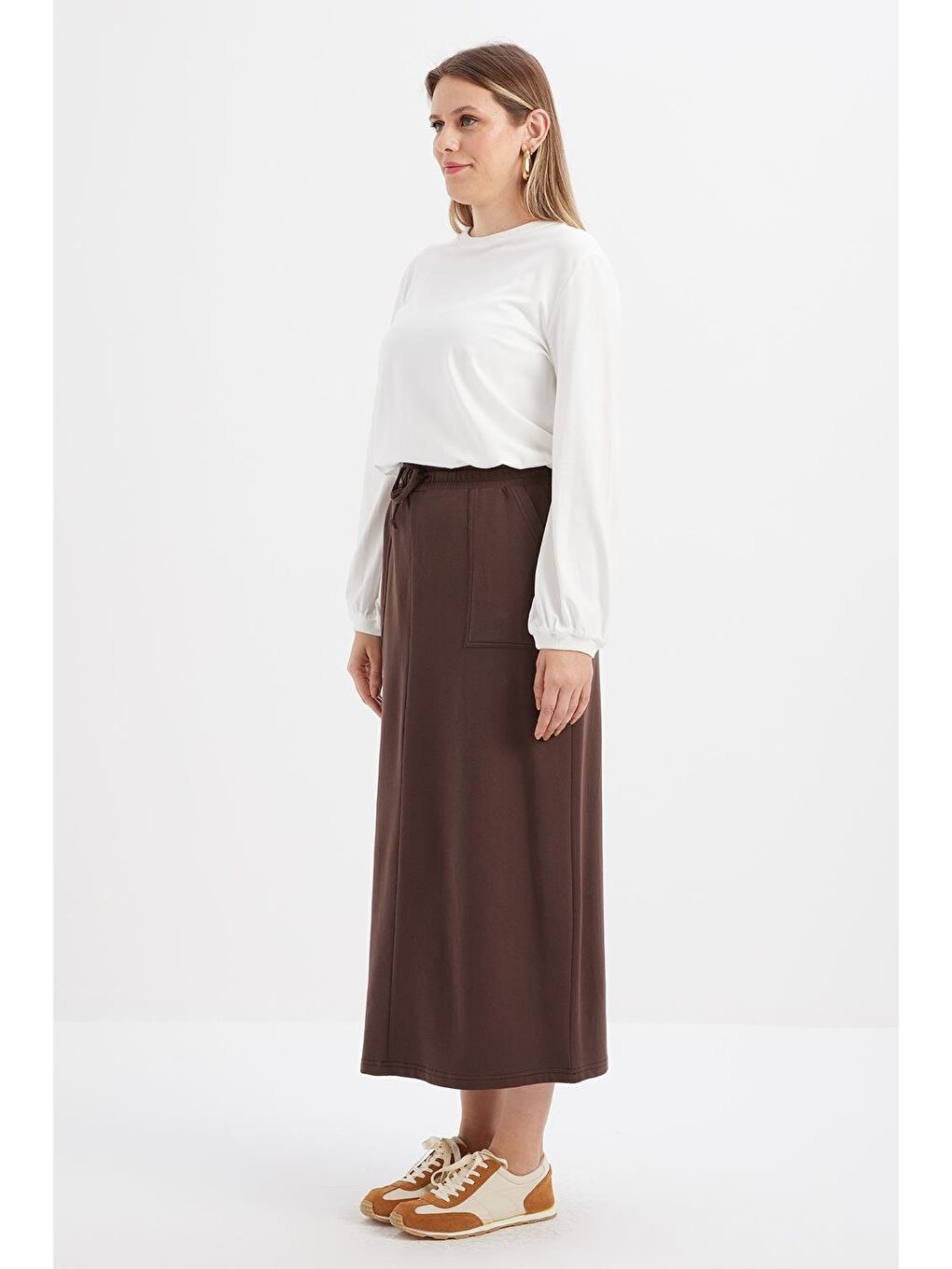 Kahverengi Kahve-Pamuklu İki Cepli Elastanlı Etek-2