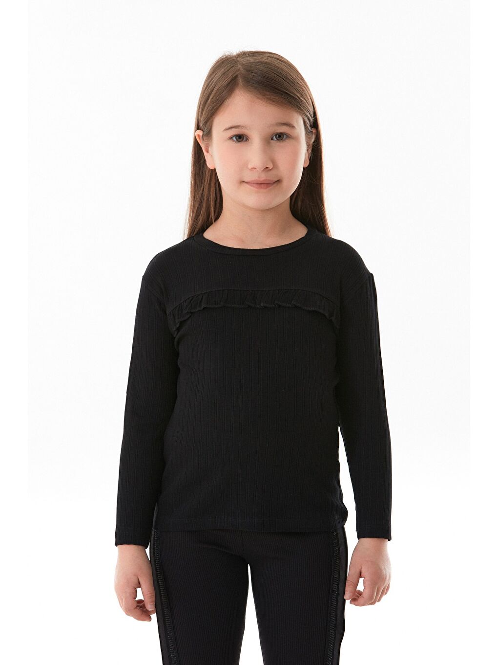 Siyah Fitilli Elastanlı Önü Fırfırlı Kız Çocuk Body