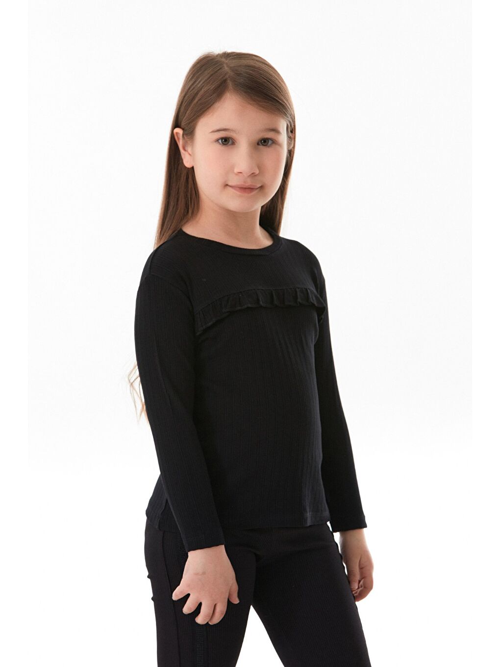 Siyah Fitilli Elastanlı Önü Fırfırlı Kız Çocuk Body-2