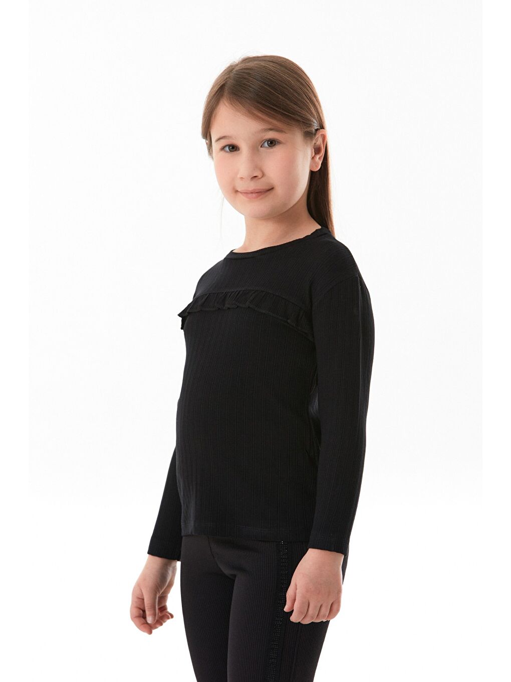 Siyah Fitilli Elastanlı Önü Fırfırlı Kız Çocuk Body-4