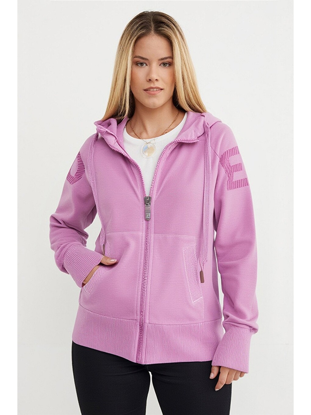 Lila Baskılı Kapüşonlu Fermuarlı Sweatshirt-1